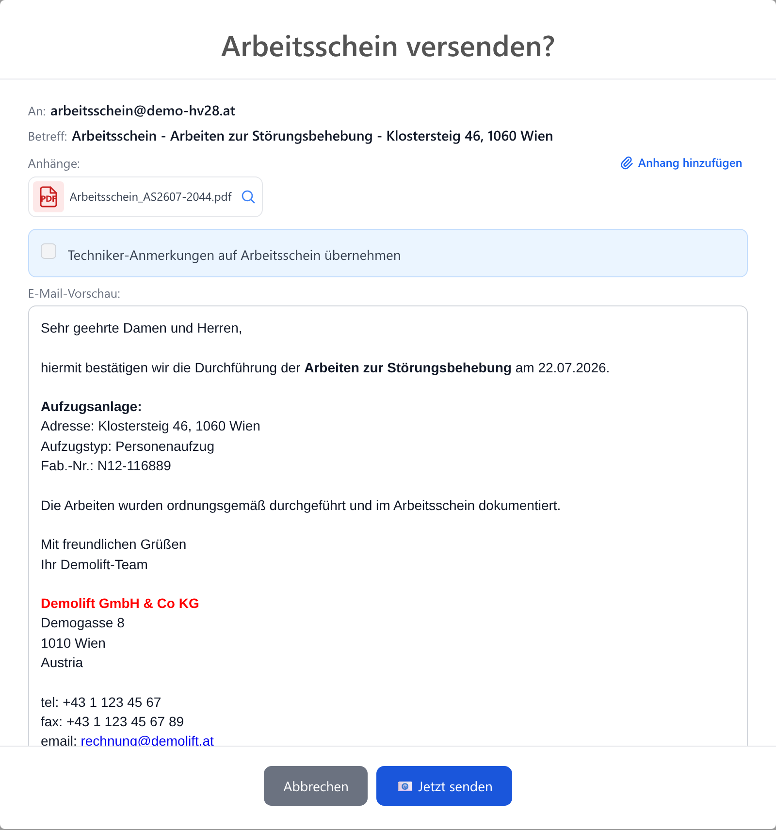 E-Mail-Vorschau vor dem Versand des Arbeitsscheins, mit dem fertigen PDF im Anhang